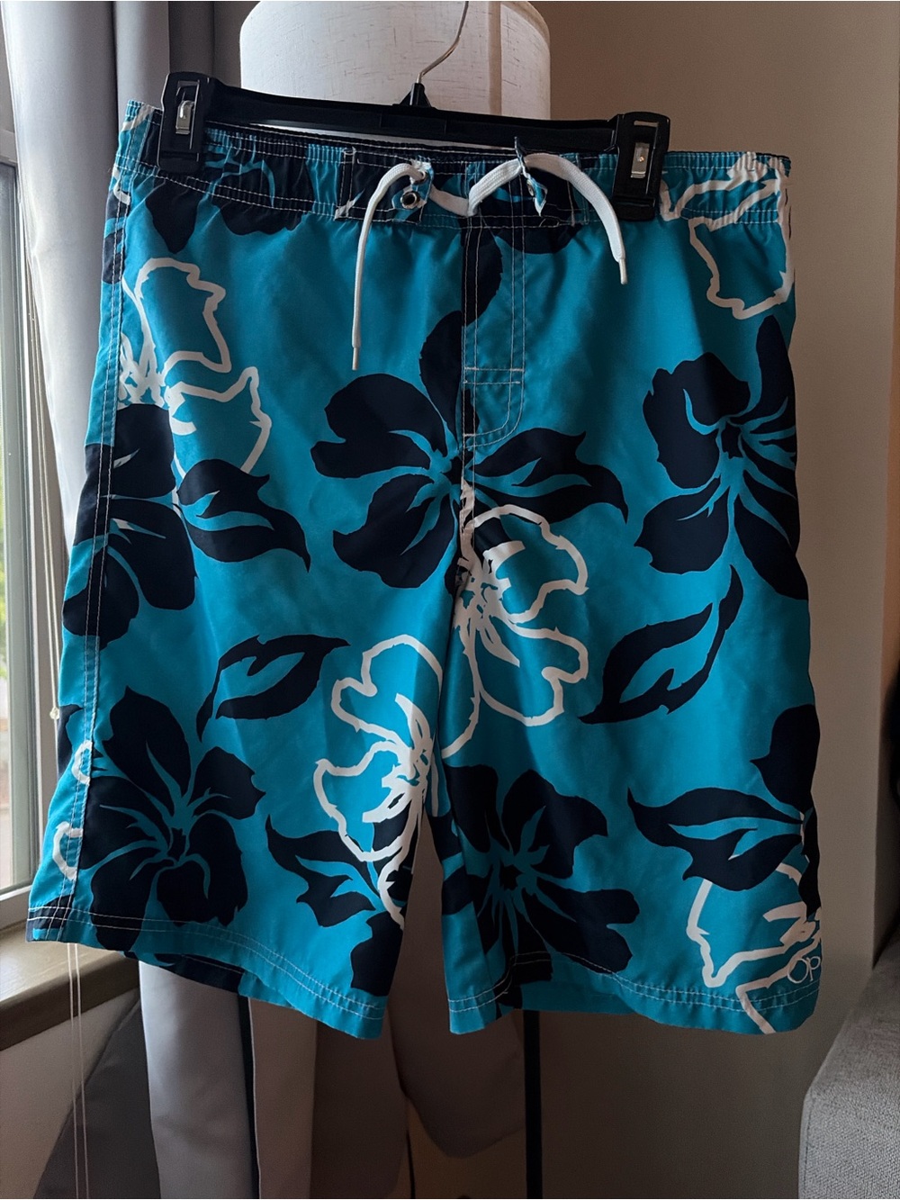 OP Turquoise Floral Swim Trunks with Navy & White Accents